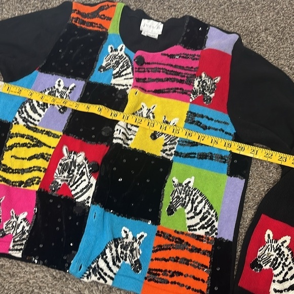 Vintage 1990s Zebra Sequin Rainbow Patchwork Teacher Granny Cardigan large - Picture 3 of 10